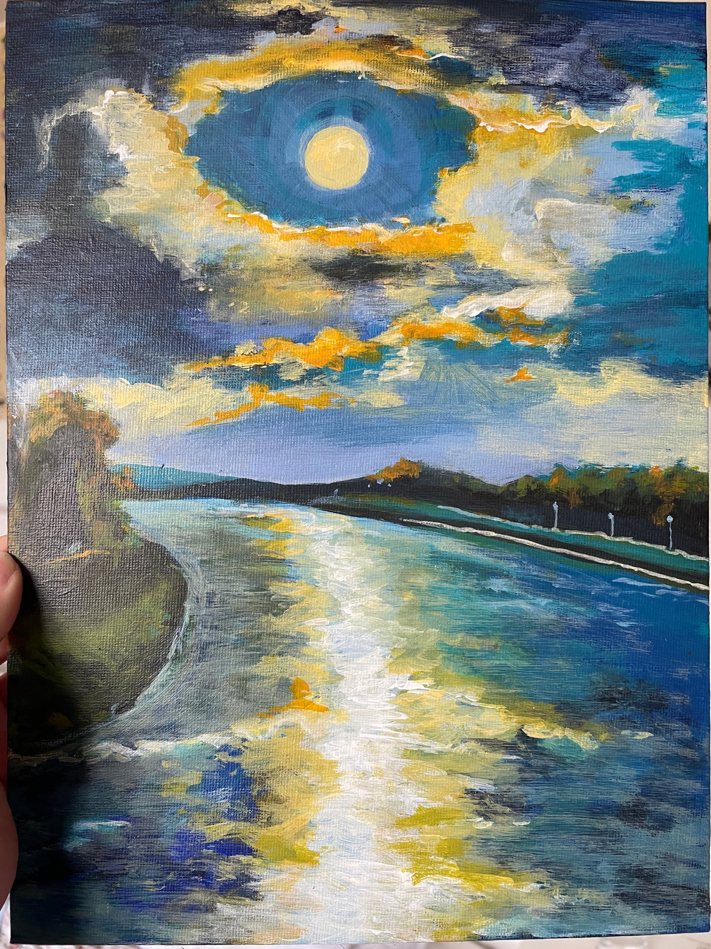 lake at night painting
