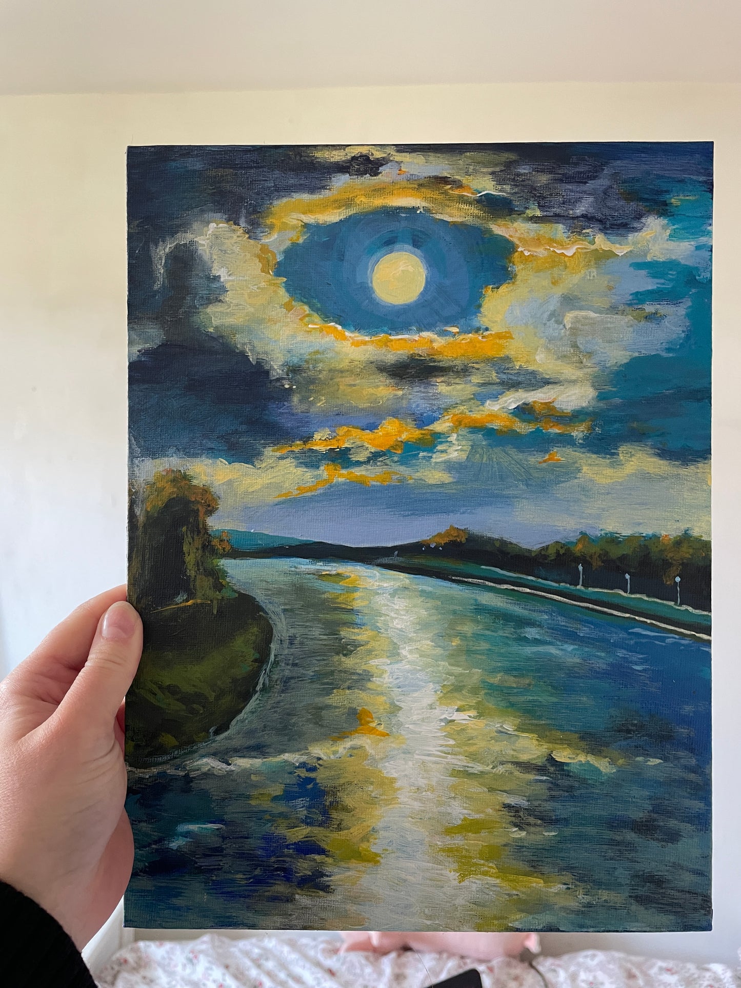 lake at night painting
